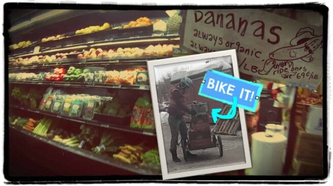 Overlaying an image of a grocery store fruit and vegetables display is an image of a person standing over a bicycle trailer with shopping bags. Next to this image are the words “Bike it!”. An arrow goes from the words to the bicycle.