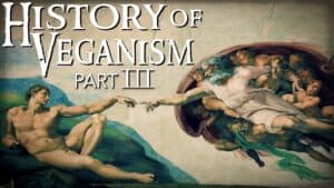 Overlaid over an image of “God Touching Adam” from the Sistine Chapel ceiling are the words “History of veganism part 3”.
