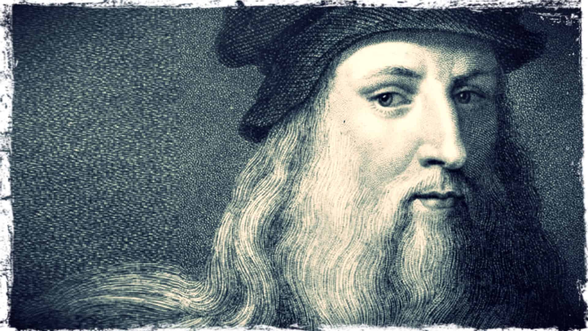 A close-up image of Leonardo da Vinci is shown. The image is monochromatic and appears to be rendered in graphite.