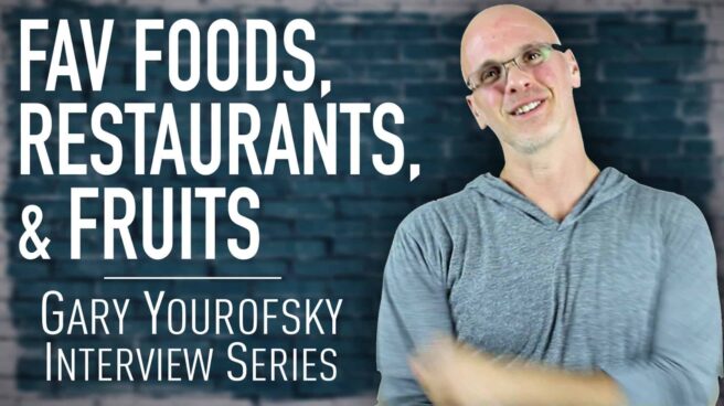 Author and vegan activist Gary Yourofsky is shown along side the words “Fav foods, restaurants and fruits - Gary Yourofsky interview series”