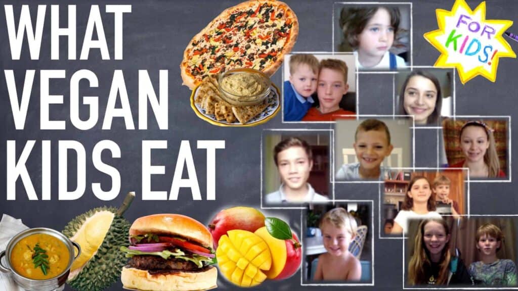 A white and yellow star is shown in the top right-hand corner. The appearance is one rendered in crayon. Across the center of the star are the words “For Kids”. There are a number of photographs of children’s faces below it. To the left are the words “What vegan kids eat” Surrounding the text are a number of images of delicious vegan meals.