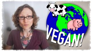Emily Moran Barwick of Bite Size Vegan is shown in close-up looking at the camera. To the right and overlaying the image is a cartoon earth with a cow and a pig “floating” above it. Below the earth is the word “Vegan!”