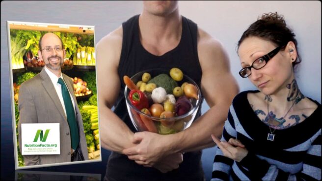 Dr. Greger of NutritionFacts.org is seen as an inset photograph on the left. In the center is a close-up of a person holding a bowl full of various vegetables. On the right is an image of Emily Moran Barwick of Bite Size Vegan she is pointing towards the vegetables.