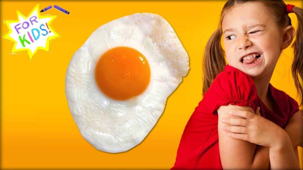 A white and yellow star is shown in the top left-hand corner. The appearance is one rendered in crayon. Across the center of the star are the words “For Kids”. In the center is a close-up of a fried hen’s egg. Next to this is shown young child, turning as if looking at the egg. There is a look of disgust on the child’s face.