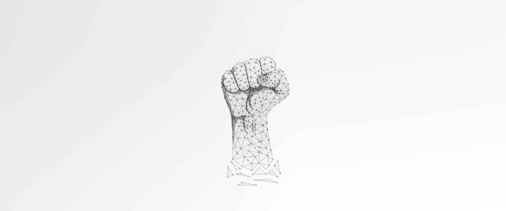 A raised fist of activism, illustrated in 3D polygon mesh style, in a call to get active.