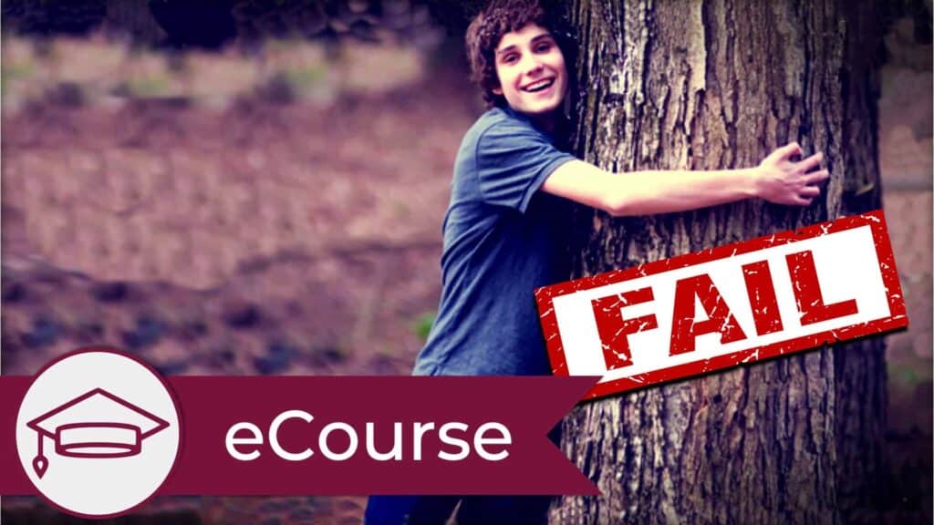 A person with their arms wrapped around a wide tree trunk. The word "FAIL" is stamped in red overtop the image. A graduate cap icon is in the lower left, signifying this is an eCourse.