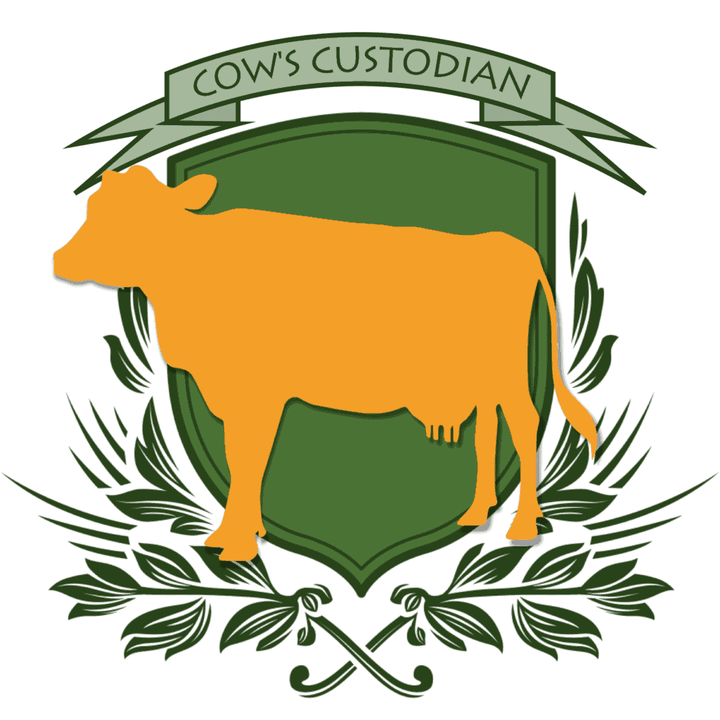 The silhouette of a cow emblazoned upon a green shield under a banner with the text "Cow's Custodian"