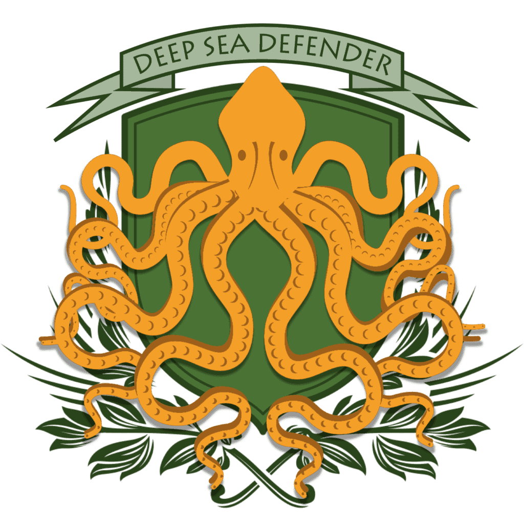 The silhouette of an octopus emblazoned upon a green shield under a banner with the text "Deep Sea Defender"