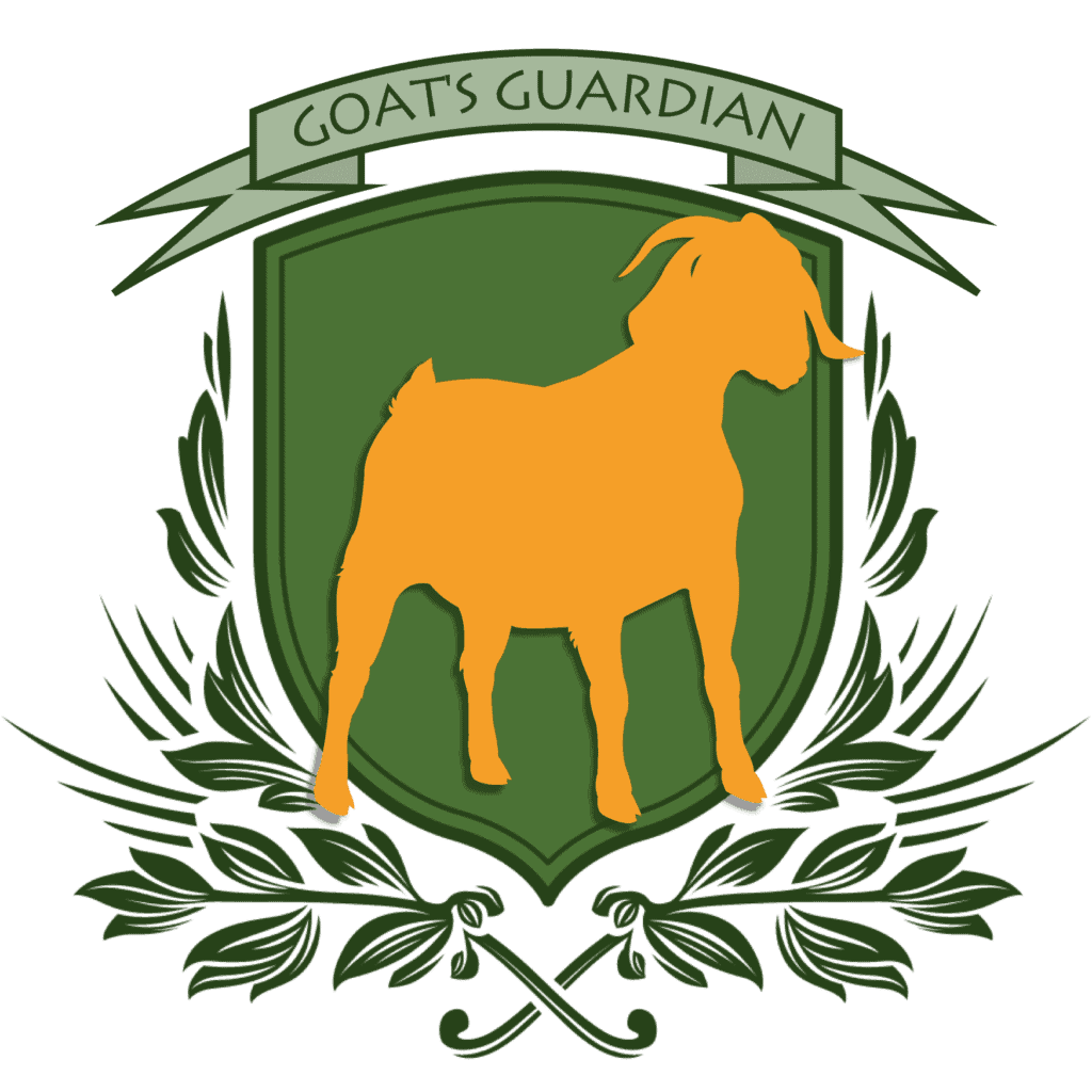 The silhouette of a goat emblazoned upon a green shield under a banner with the text "Goat's Guardian"