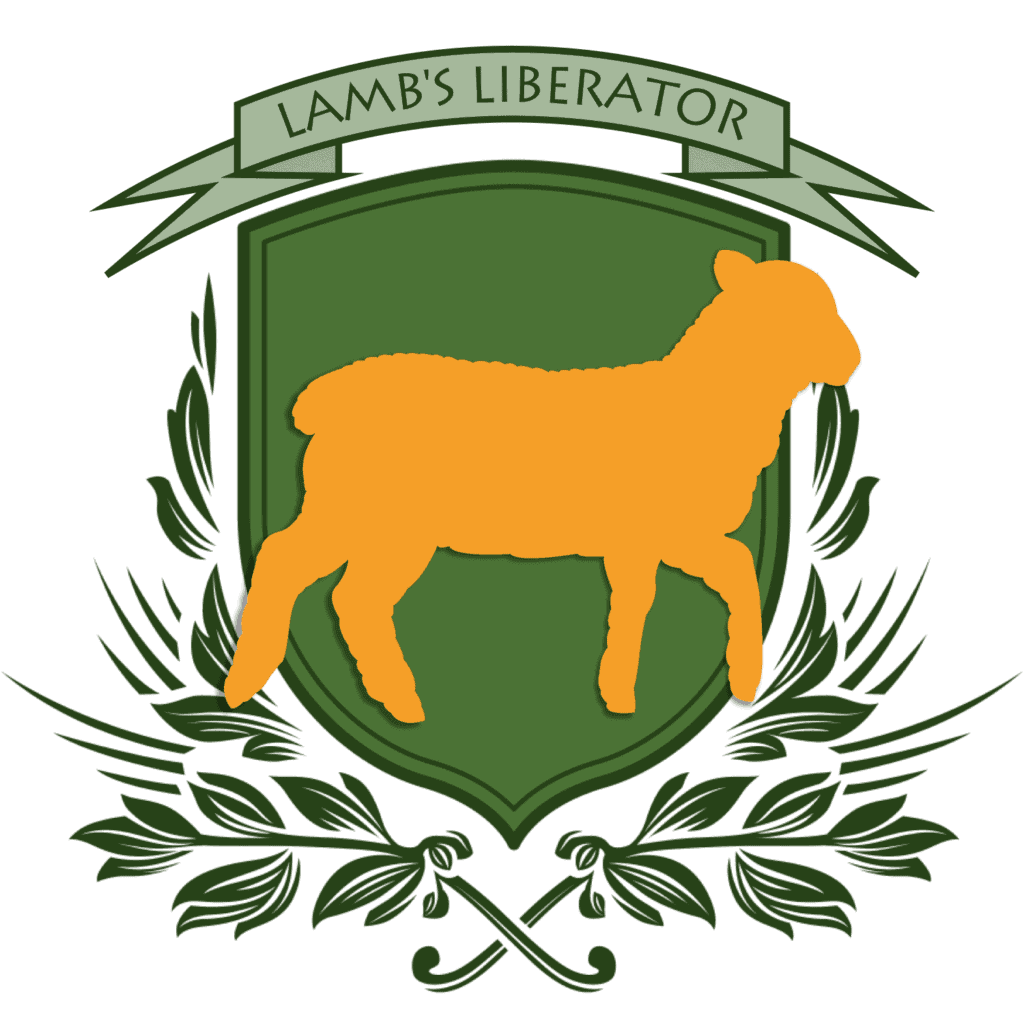 The silhouette of a lamb emblazoned upon a green shield under a banner with the text "Lamb's Liberator"