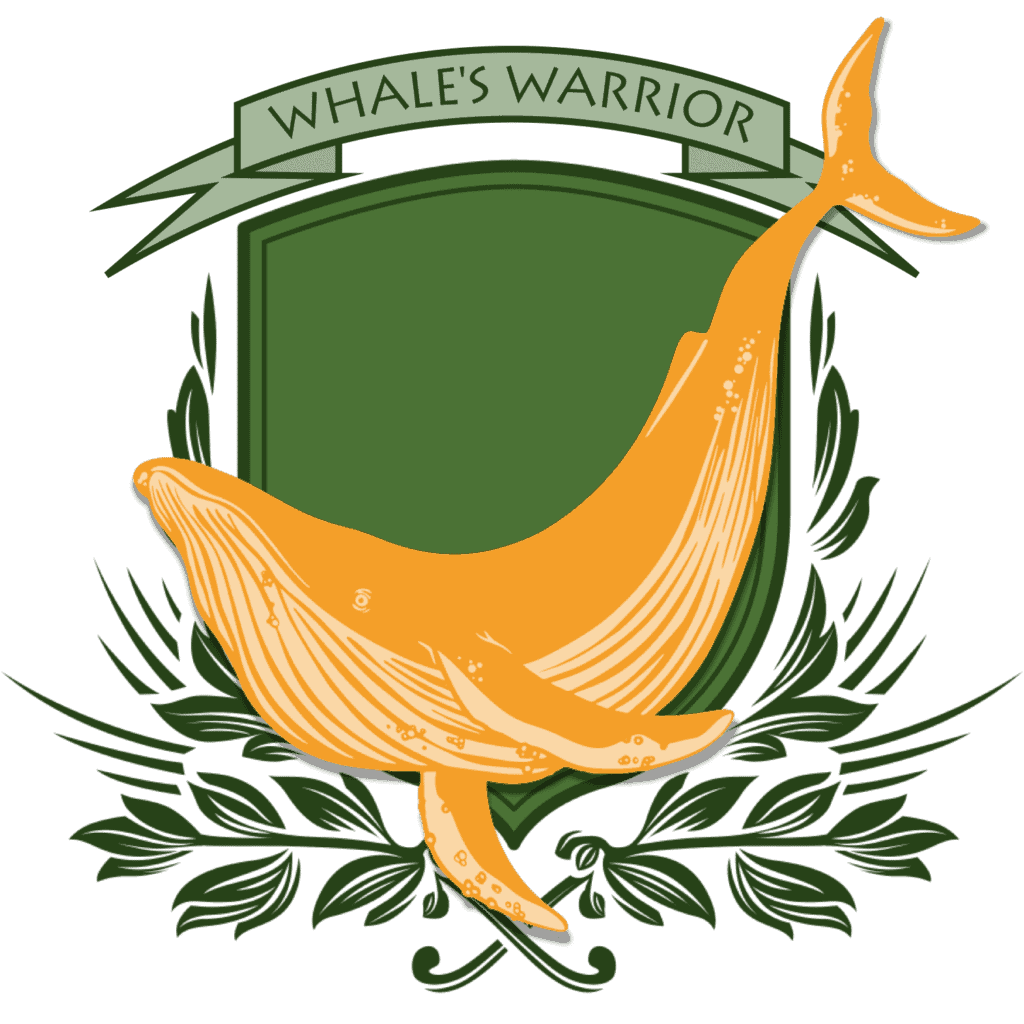 The silhouette of a blue whale emblazoned upon a green shield under a banner with the text "Whale's Warrior"