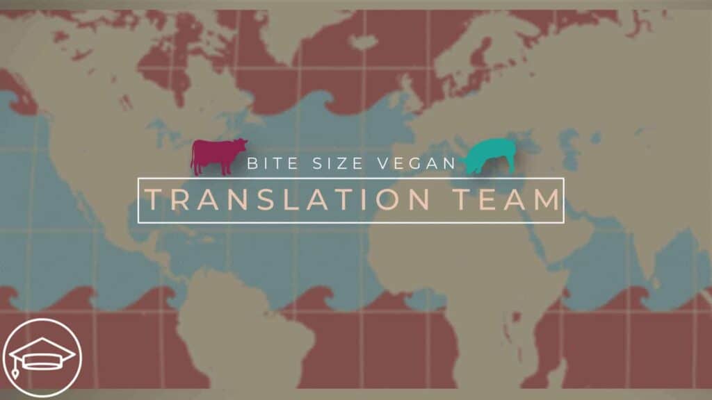 The text "Bite Size Vegan Translation Team" superimposed over a map of the world. A graduate cap icon is in the lower left, signifying this is an eCourse.
