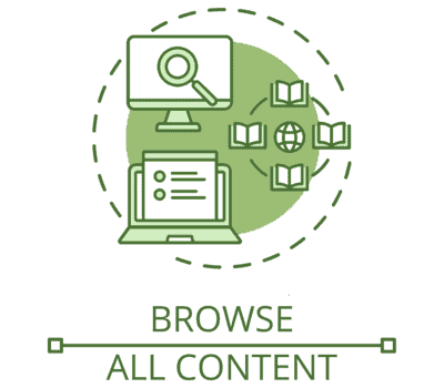 An illustrated circular icon above the text "Browse All Content". The icon features: an oversized search icon magnifying glass overtop a desktop monitor, a list of search results displayed within a browser window of a laptop, and four open books surrounding a globe.