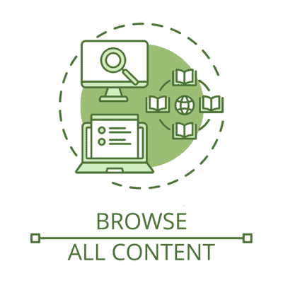 An illustrated circular icon above the text "Browse All Content". The icon features: an oversized search icon magnifying glass overtop a desktop monitor, a list of search results displayed within a browser window of a laptop, and four open books surrounding a globe.
