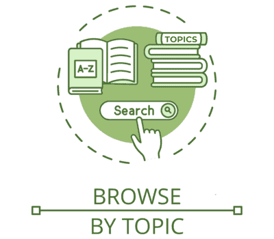 An illustrated circular icon above the text "Browse by Topic". The icon features: a stack of books with "Topics" written on the spine of the top book; another set of books, one open and one closed with "A-Z" written on the cover; a computer search box with a hand-shaped computer mouse indicator hovering over the search input.