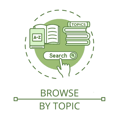 An illustrated circular icon above the text "Browse by Topic". The icon features: a stack of books with "Topics" written on the spine of the top book; another set of books, one open and one closed with "A-Z" written on the cover; a computer search box with a hand-shaped computer mouse indicator hovering over the search input.