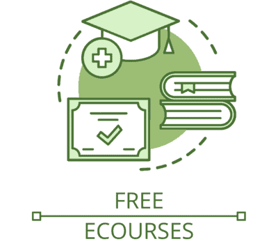 An illustrated circular icon above the text "Free eCourses". A graduate cap, two stacked books, and a course completion certificate for an online course.