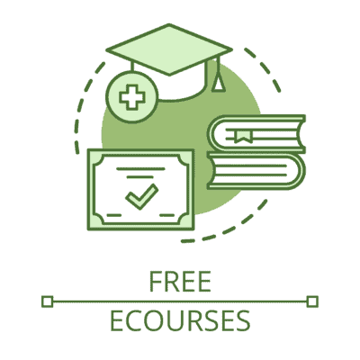 An illustrated circular icon above the text "Free eCourses". A graduate cap, two stacked books, and a course completion certificate for an online course.