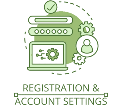 An illustrated icon of user account registration, featuring a user profile icon, and an open laptop computer with account settings cogs, all above the text "registration and account settings".