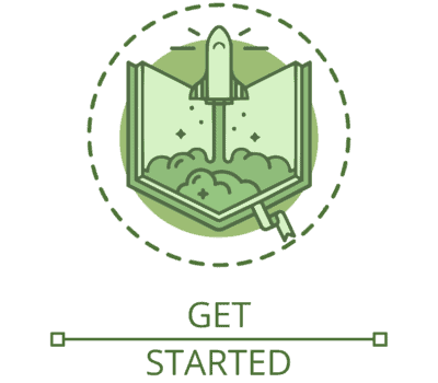 An illustrated icon of a rocket launching from within an opened book, above the text "Get Started."