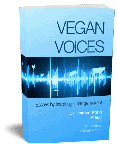 The book "Vegan Voices: Essays by Inspiring Changemakers." The cover is light blue with an image of sound waves within which are the outlines of animals.