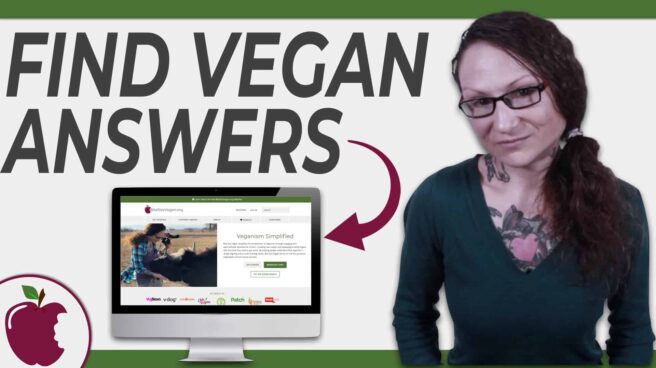 The text "find vegan answers" with an arrow swooping down to a computer with the BiteSizeVegan.org home page on it, all next to Emily Moran Barwick, founder of Bite Size Vegan.