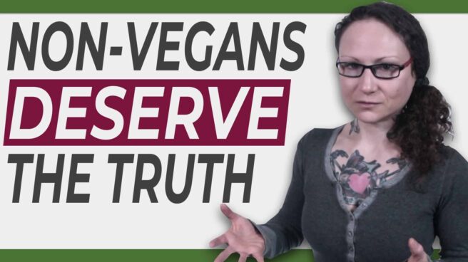 The text "Non-vegans deserve the truth" next to Emily Moran Barwick, founder of Bite Size Vegan, delivering the speech "Are You Advocating Cruelty? | Truth in Vegan Outreach"