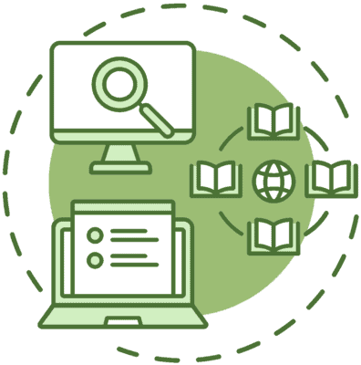 An illustrated circular icon representative of the ability to "Browse All Content". The icon features: an oversized search icon magnifying glass overtop a desktop monitor, a list of search results displayed within a browser window of a laptop, and four open books surrounding a globe.