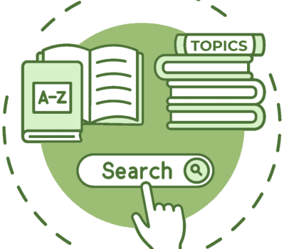An illustrated circular icon representing "Browse by Topic". The icon features: a stack of books with "Topics" written on the spine of the top book; another set of books, one open and one closed with "A-Z" written on the cover; a computer search box with a hand-shaped computer mouse indicator hovering over the search input.