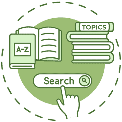 An illustrated circular icon representing "Browse by Topic". The icon features: a stack of books with "Topics" written on the spine of the top book; another set of books, one open and one closed with "A-Z" written on the cover; a computer search box with a hand-shaped computer mouse indicator hovering over the search input.