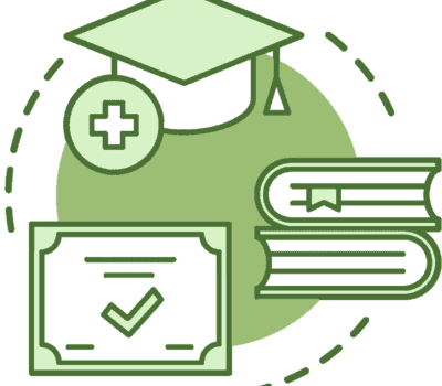 An illustrated circular icon representative of "Free eCourses". A graduate cap, two stacked books, and a course completion certificate for an online course.