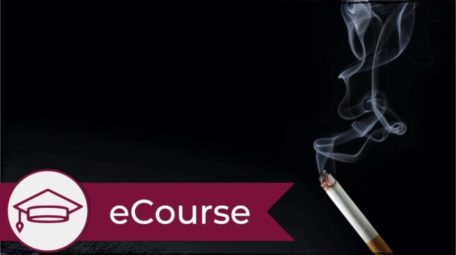 A lit cigarette with a trail of smoke rising into the air against a black background. A graduate cap icon with the banner "eCourse" is in the lower left corner.