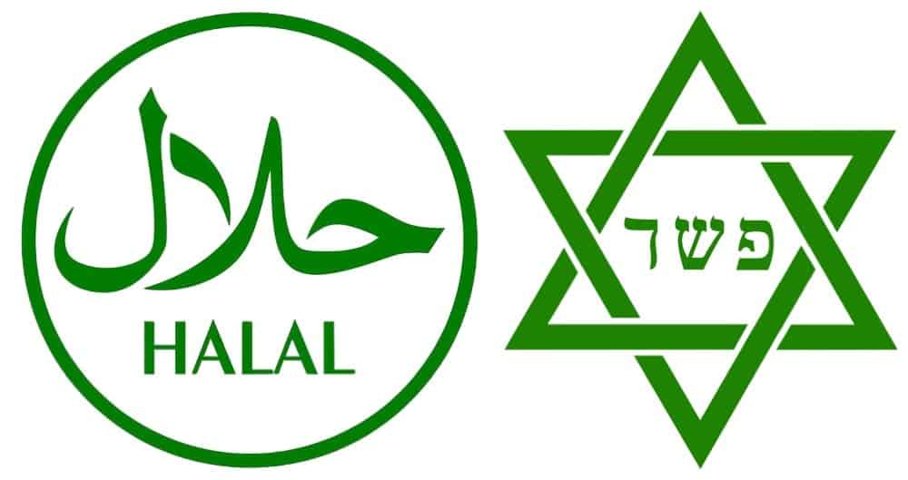 Halal and kosher labels side-by-side: on the left, halal written in Arabic above English and encircled; on the right, the Star of David with the Hebrew letters Dalet, Peh, Shin in the center.