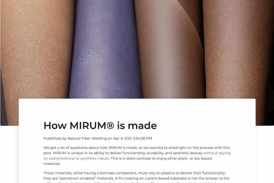 A screenshot of Natural Fiber Welding's blog post dedicated to how MIRUM is made.