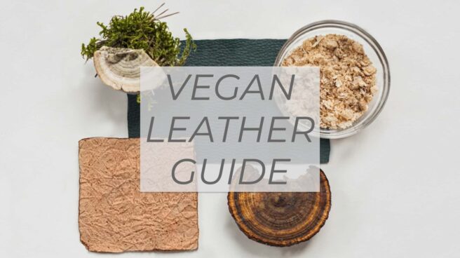 Two pieces of vegan leather alternatives alongside a mushroom, fungi, and cork from which alternative leathers are made. The text "Vegan Leather Guide" is superimposed in the center.