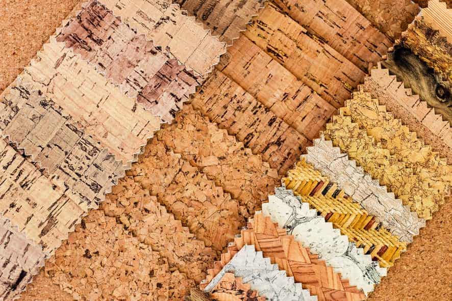 Various patterns and colors of cork leather, a vegan leather alternative.