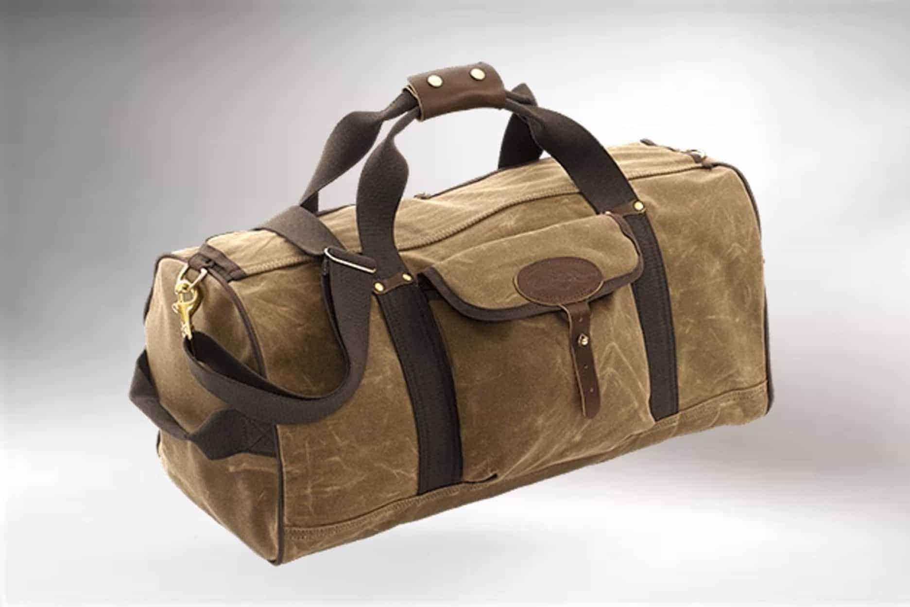 A duffel bag made with waxed canvas as a vegan leather alternative.