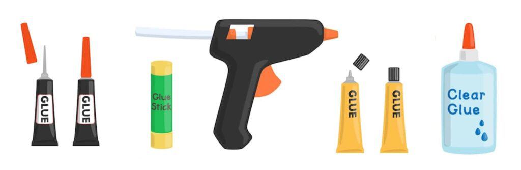 An illustration of various types of glue: super glue, a glue stick, hot glue, and clear glue.