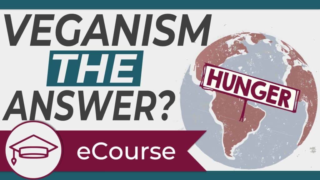 The text "veganism the answer?" next to the world with a sign reading "HUNGER" on it, signifying the question "can veganism solve world hunger?" A graduate cap icon with the banner "eCourse" is in the lower left corner.
