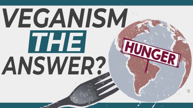 The text "veganism the answer?" next to the world with a sign reading "HUNGER" on it, signifying the question "can veganism solve world hunger?"