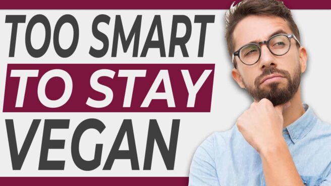 The text "too smart to stay vegan" next to a White man with glasses holding his hand to his chin with a pensive look on his face.