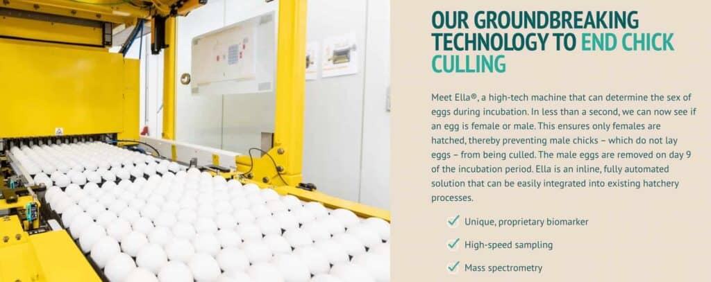 An explanatory summary of "Ella" the egg-sexing machine developed by startup Project In Ovo next to an image of rows of eggs on the machine.