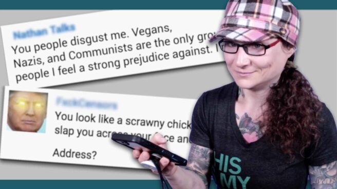 Emily Moran Barwick of Bite Size Vegan responding to weird anti-vegan hate comments (with a smile).