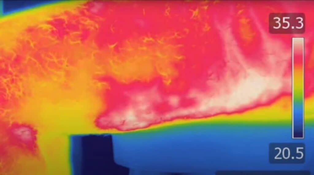 Thermographic image of Paul McGreevy's thigh after a single strike with a padded whip, showing white areas of inflammation from the strike.
