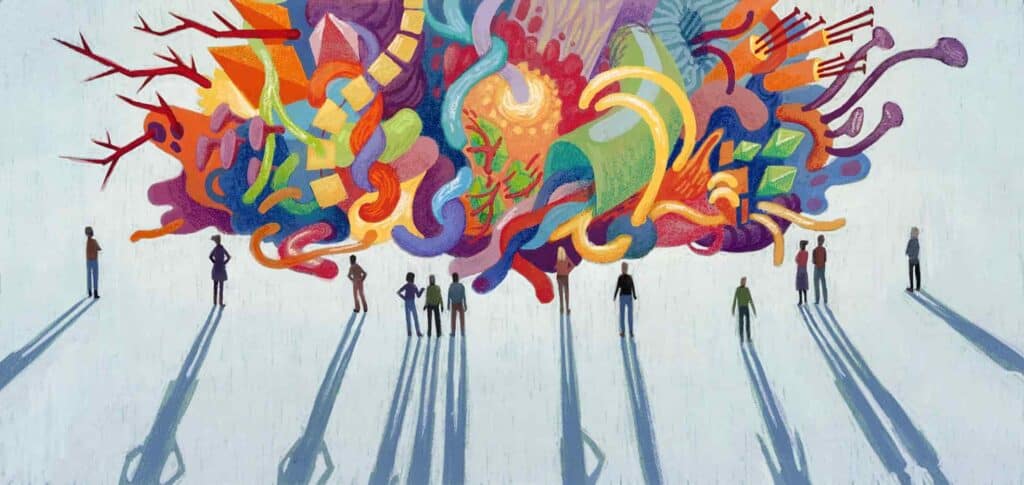 An illustration of people gathered around a colorful, beautifully complex mass.