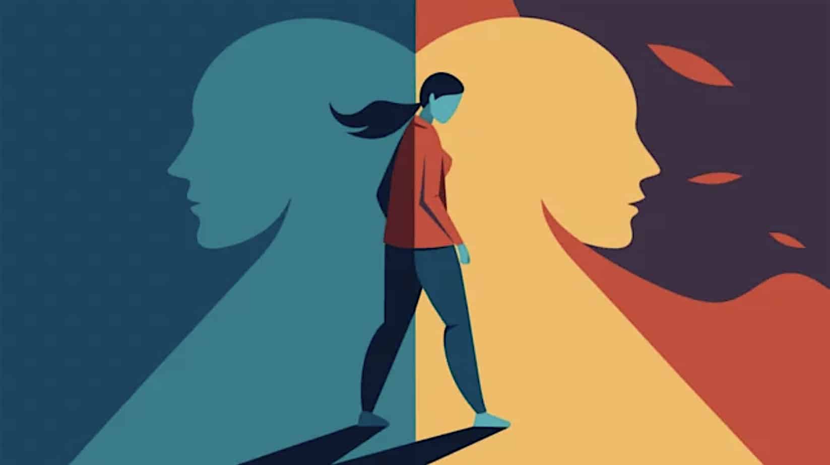 An illustration representative of separating a person from their behavior: two opposing profiles intersect where a woman stands.