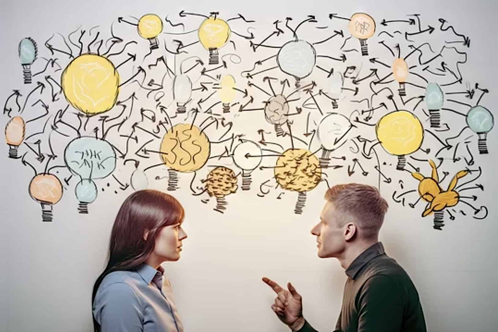 A man points his finger at a woman while speaking to her in front of a wall covered with drawings of light bulbs connected with chaotic arrows and lines, representative of "forcing" ideas upon someone.